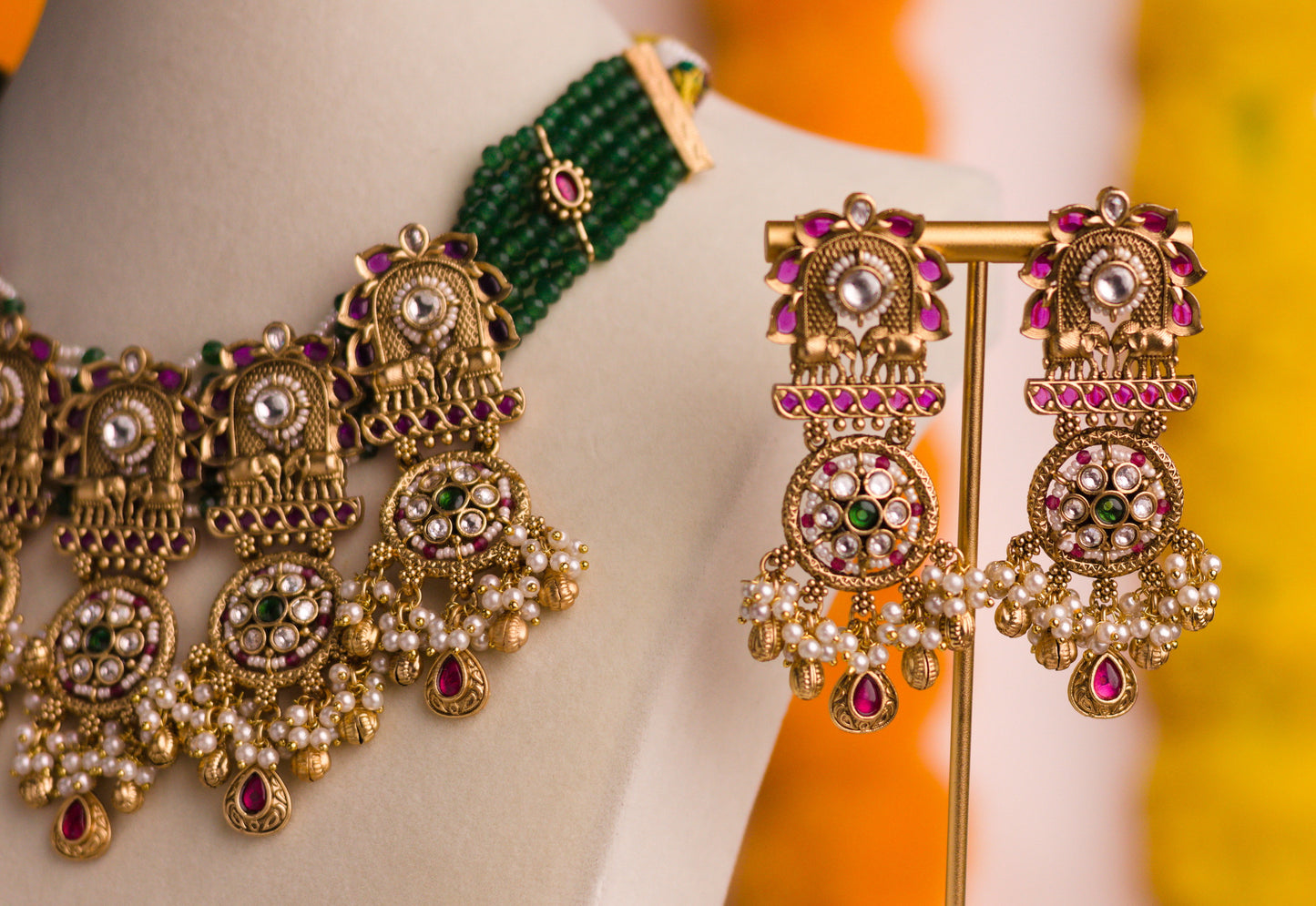 Rajwadi Green Stone Piroi Jharoka Haathi Necklace Set