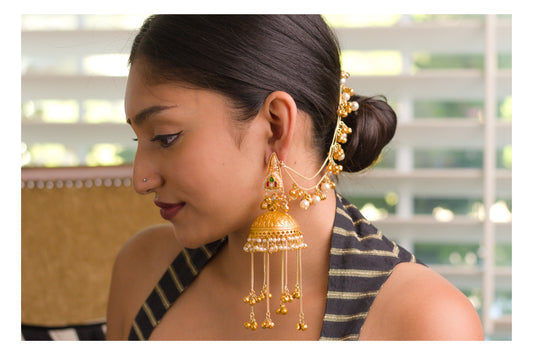 Jadau Kundan Temple Top Motif Jhumkas with Kaan Chains