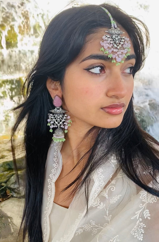 Pink and Silver Earrings and Mang-tika Set