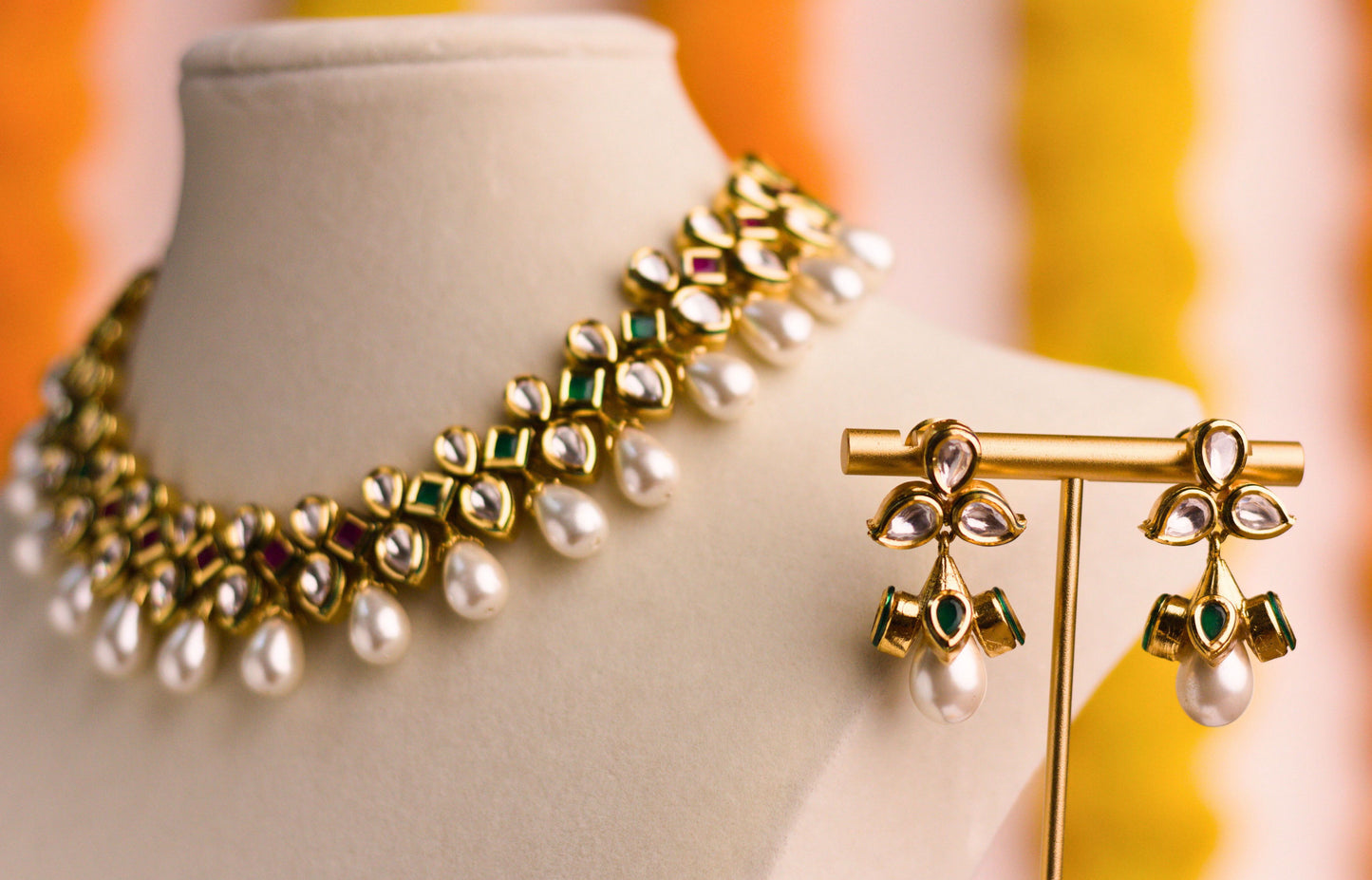 24K Gold Plated Polki and Tear Drop Pearl Choker Set